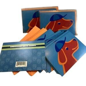 24 New Embossed Blank Puppy Dog Blue Baseball Hat Orange Note Cards w Envelopes
